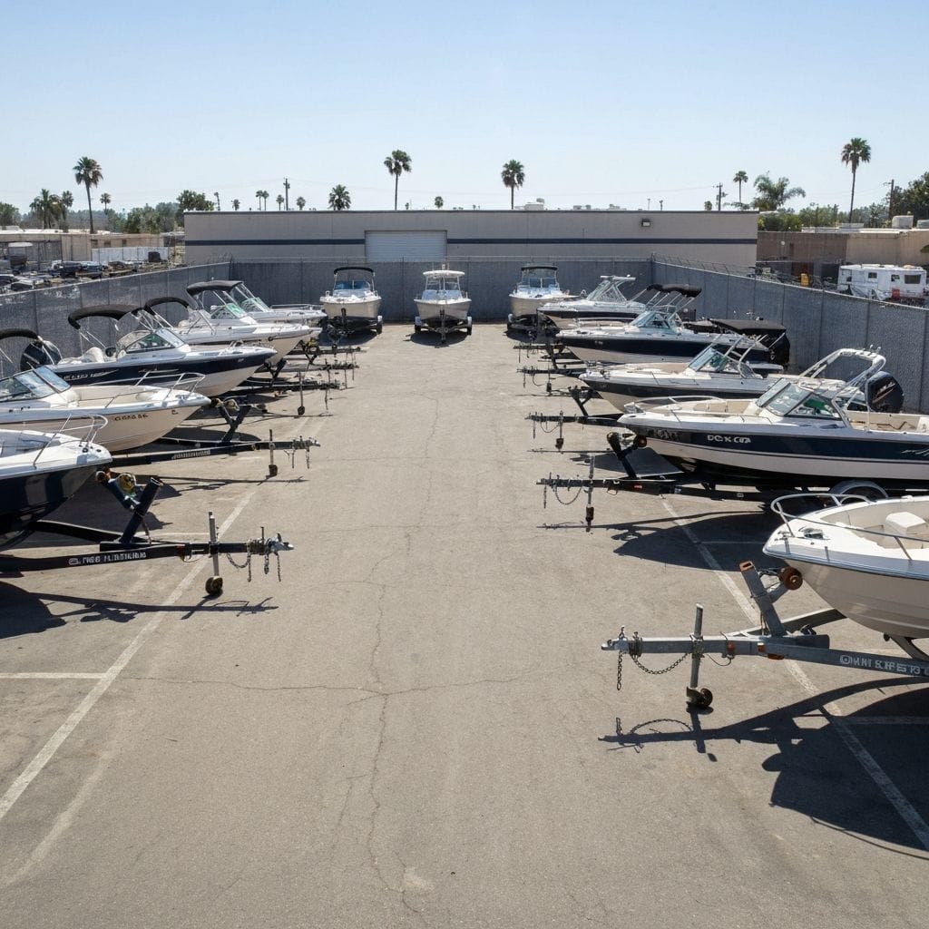 Outdoor boat storage yard at Don Temple Storage in Long Beach