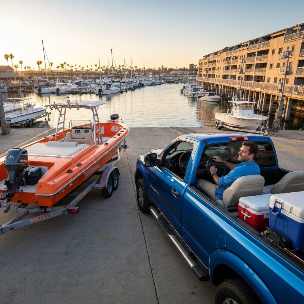 Boat trailer towing to launch ramp