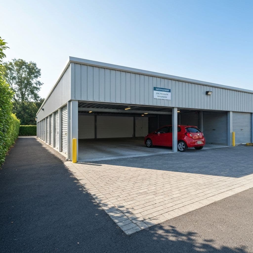 Vehicle parked at drive-up storage unit door