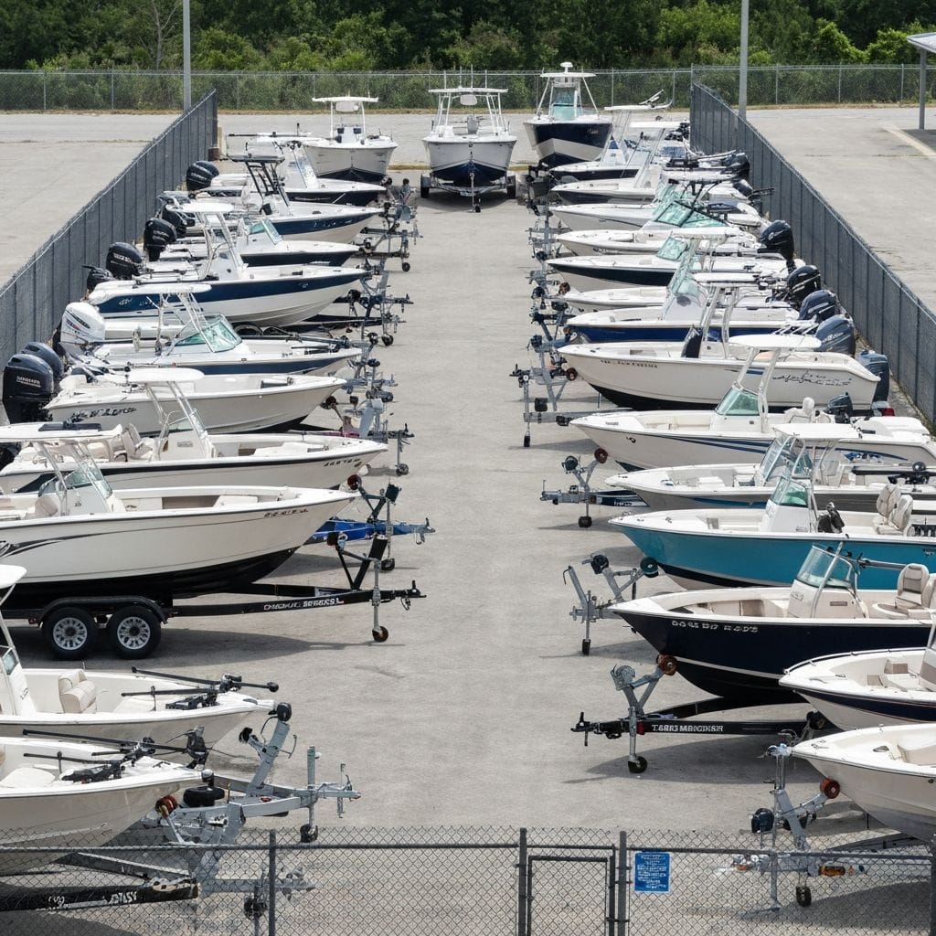 Multiple boats and watercraft in outdoor storage lot