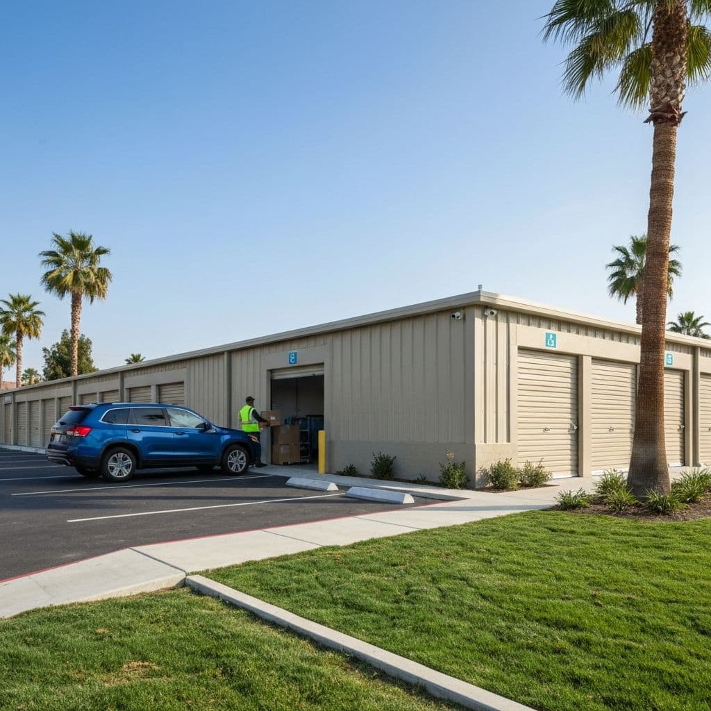 Drive-up storage unit access with convenient vehicle parking