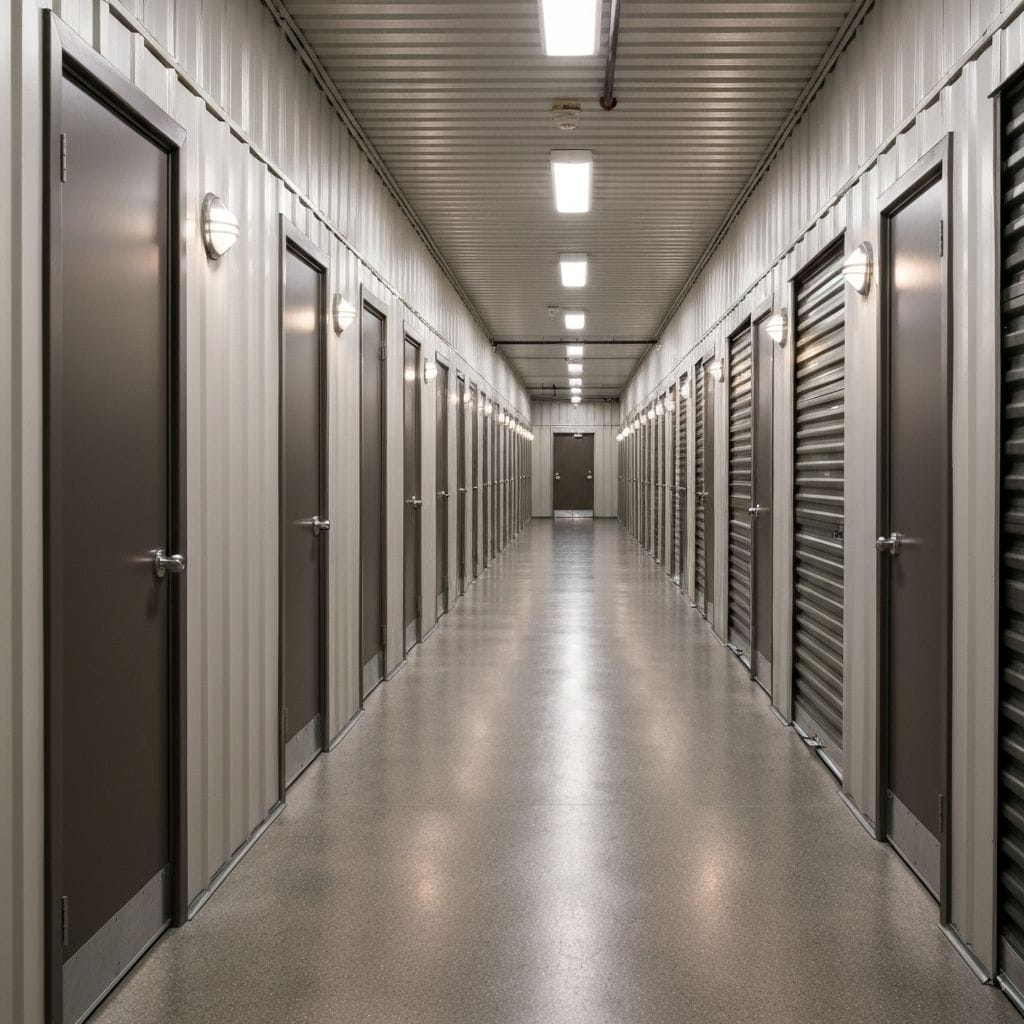 Self-storage unit hallway with individual storage doors