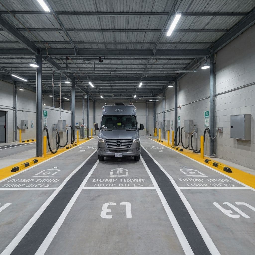 Public RV dump station with pull-through access