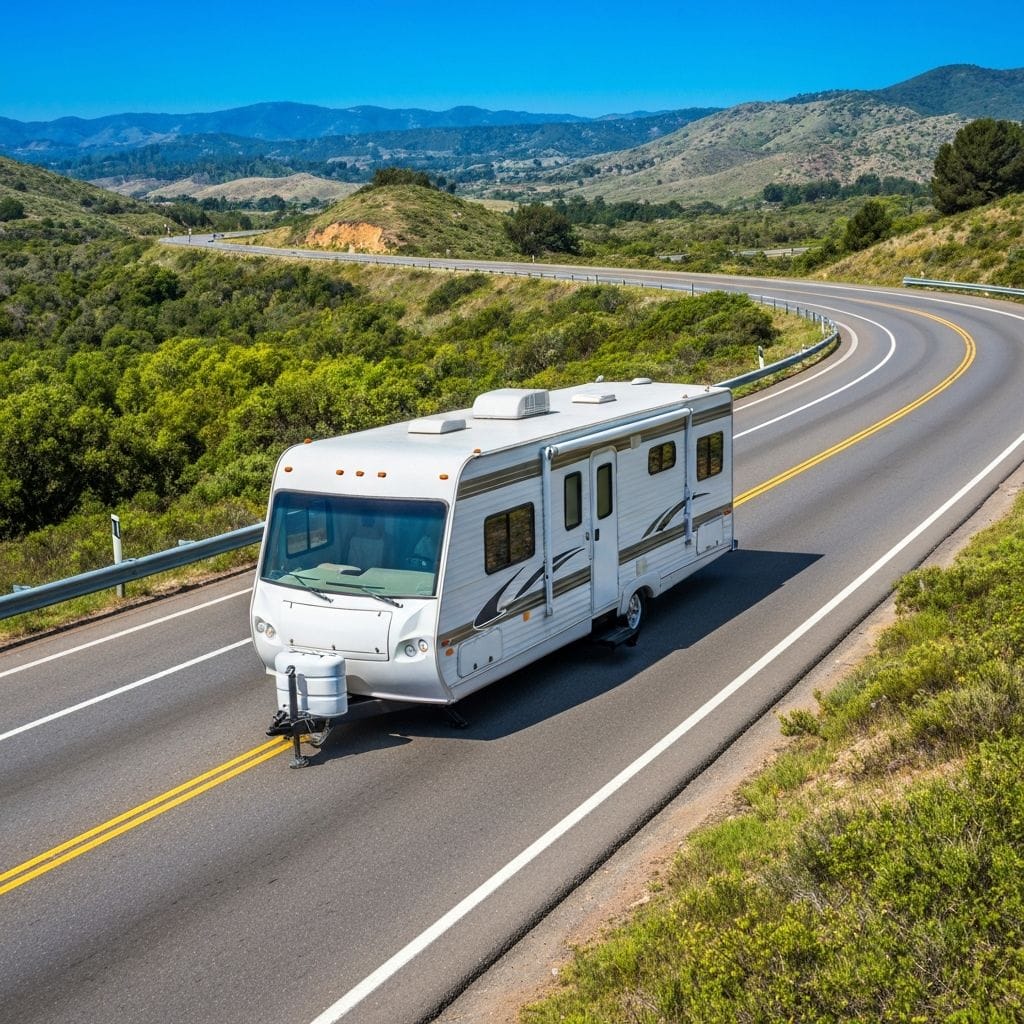 RV travel trailer on road