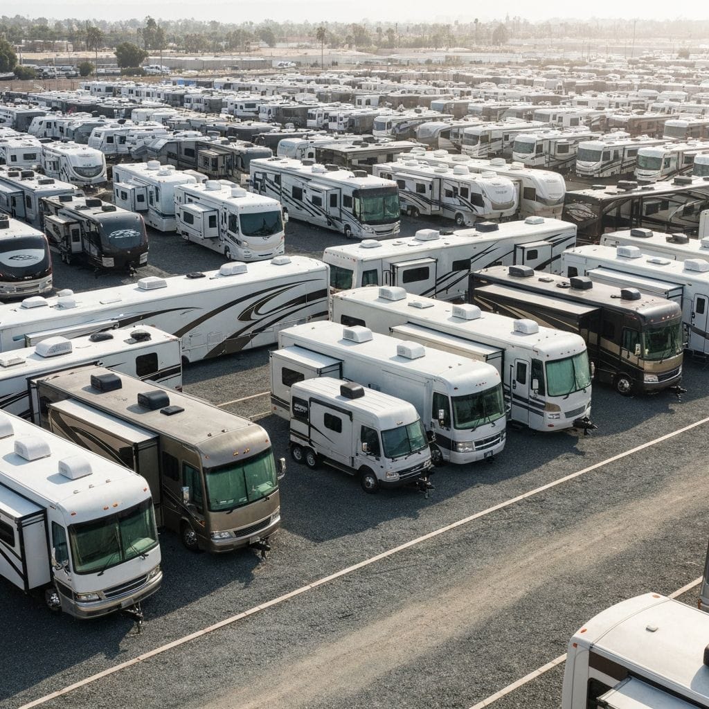 Multiple RVs and trailers in secure storage lot
