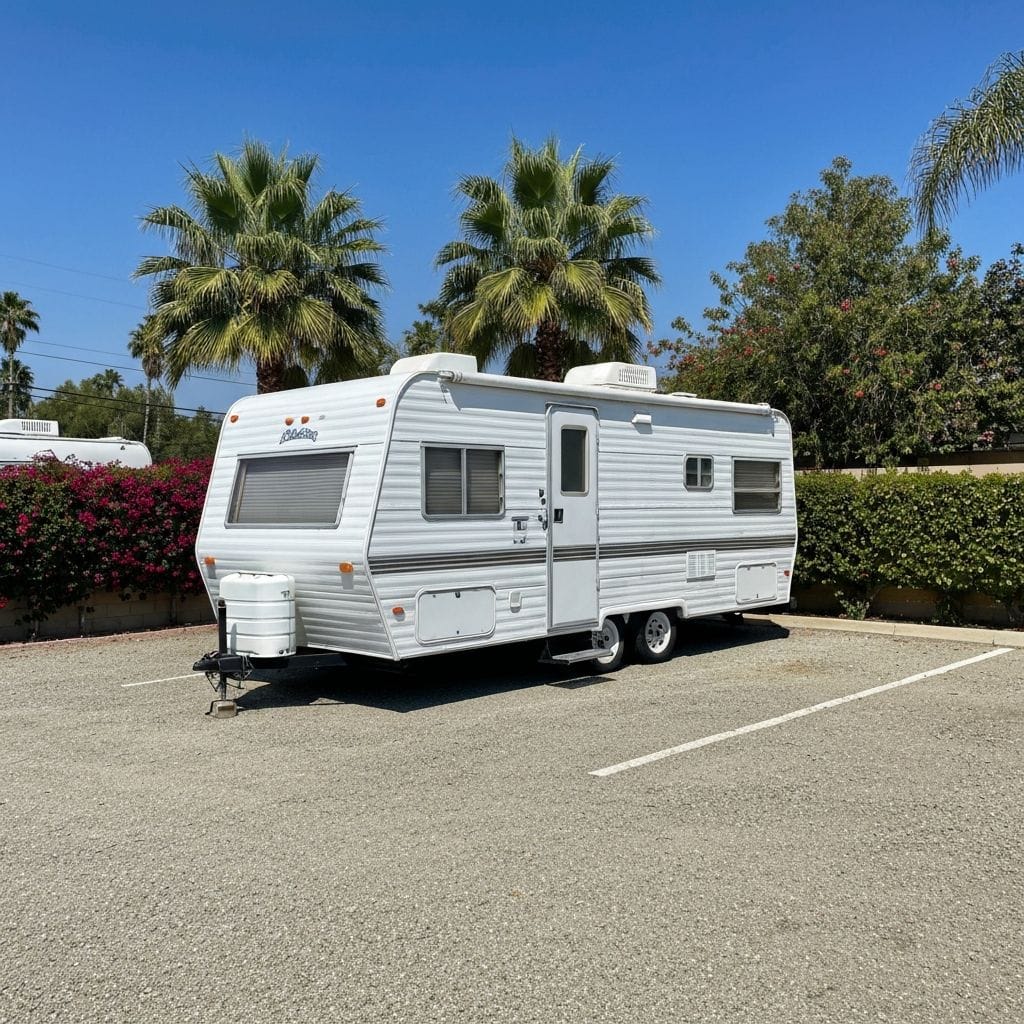 Travel trailer in outdoor RV storage lot