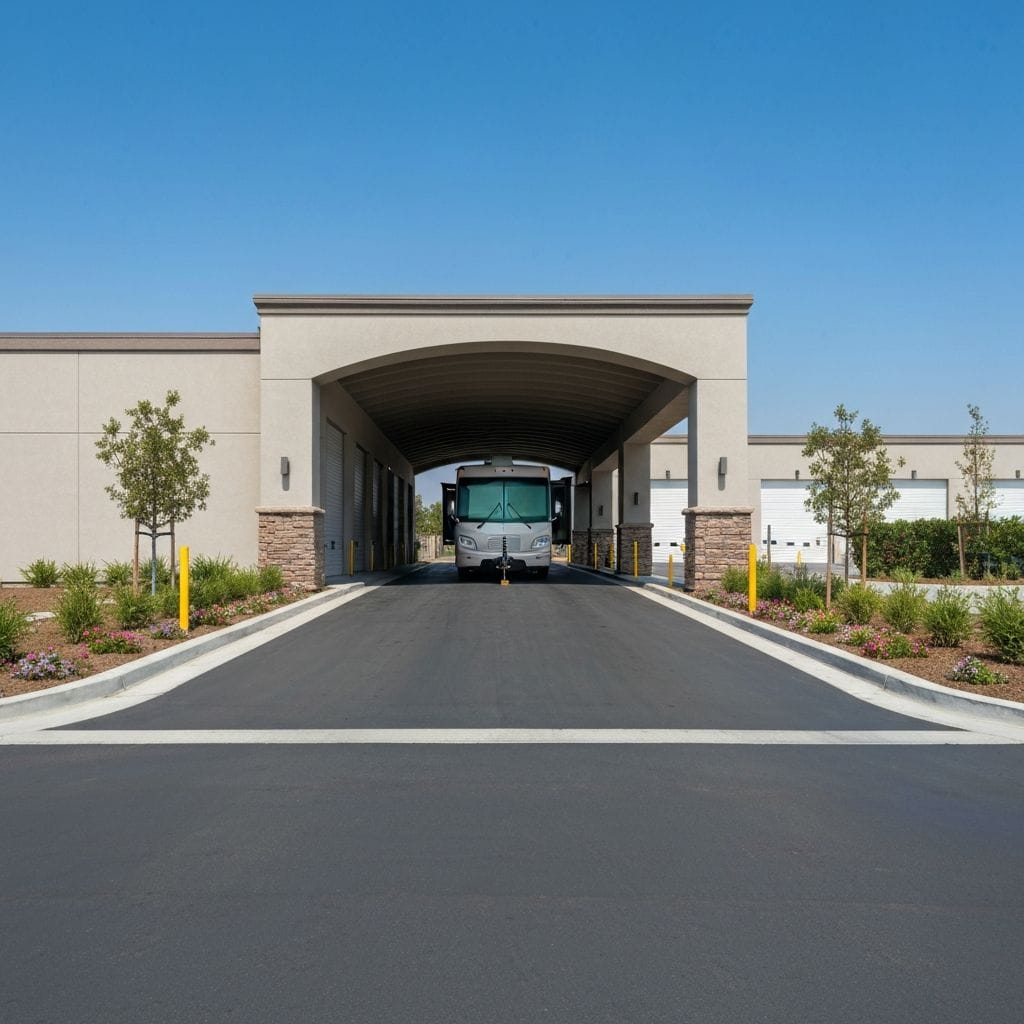 Wide driveway entrance accommodating large RVs