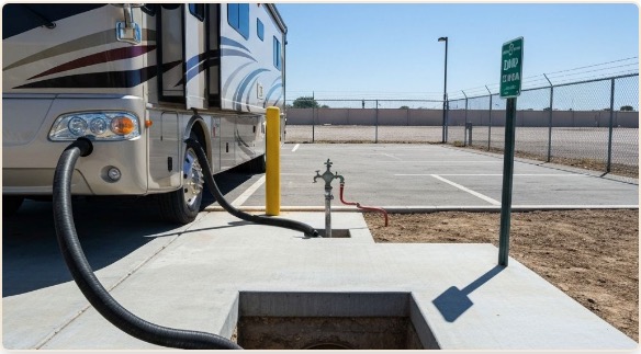Class A motorhome at RV dump station with sewer hose and drain pit